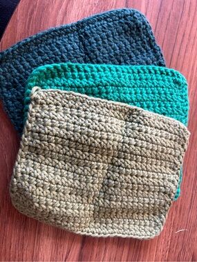 Handmade Crocheted Washcloth Trio in Teal, Emerald, and Olive